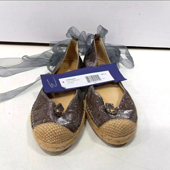 NEW Stuart Weitzman Metallic Silver Slip on Perpignon Espadrille Shoes 7.5M - Picture 2 of 7